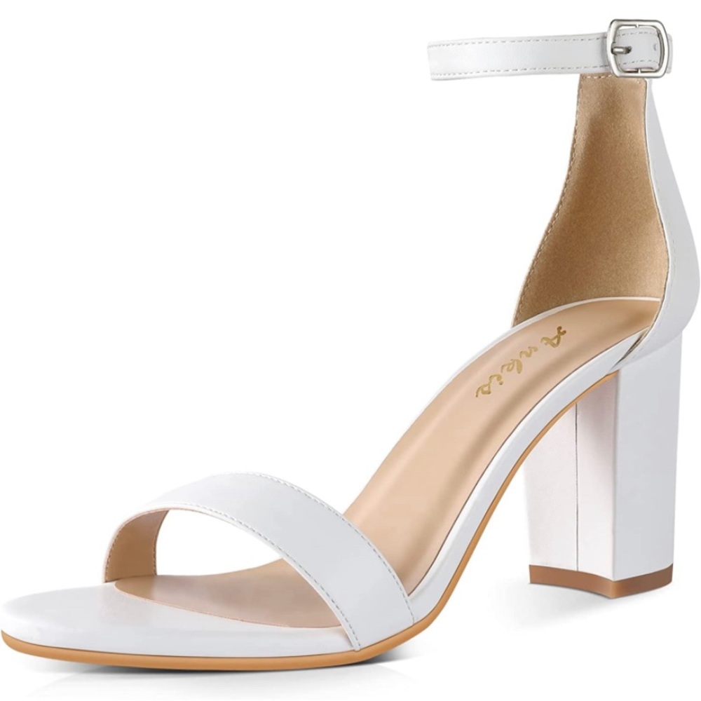 Ankis Nude Black Silver Gold Heels for Women Open Toe Ankle Strap Chunky Heel